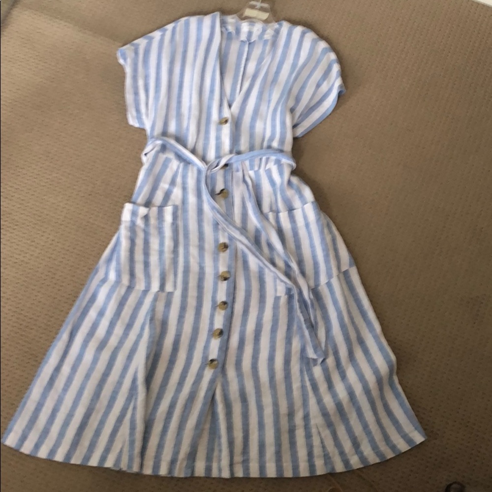 Mango blue & white striped linen dress size Small